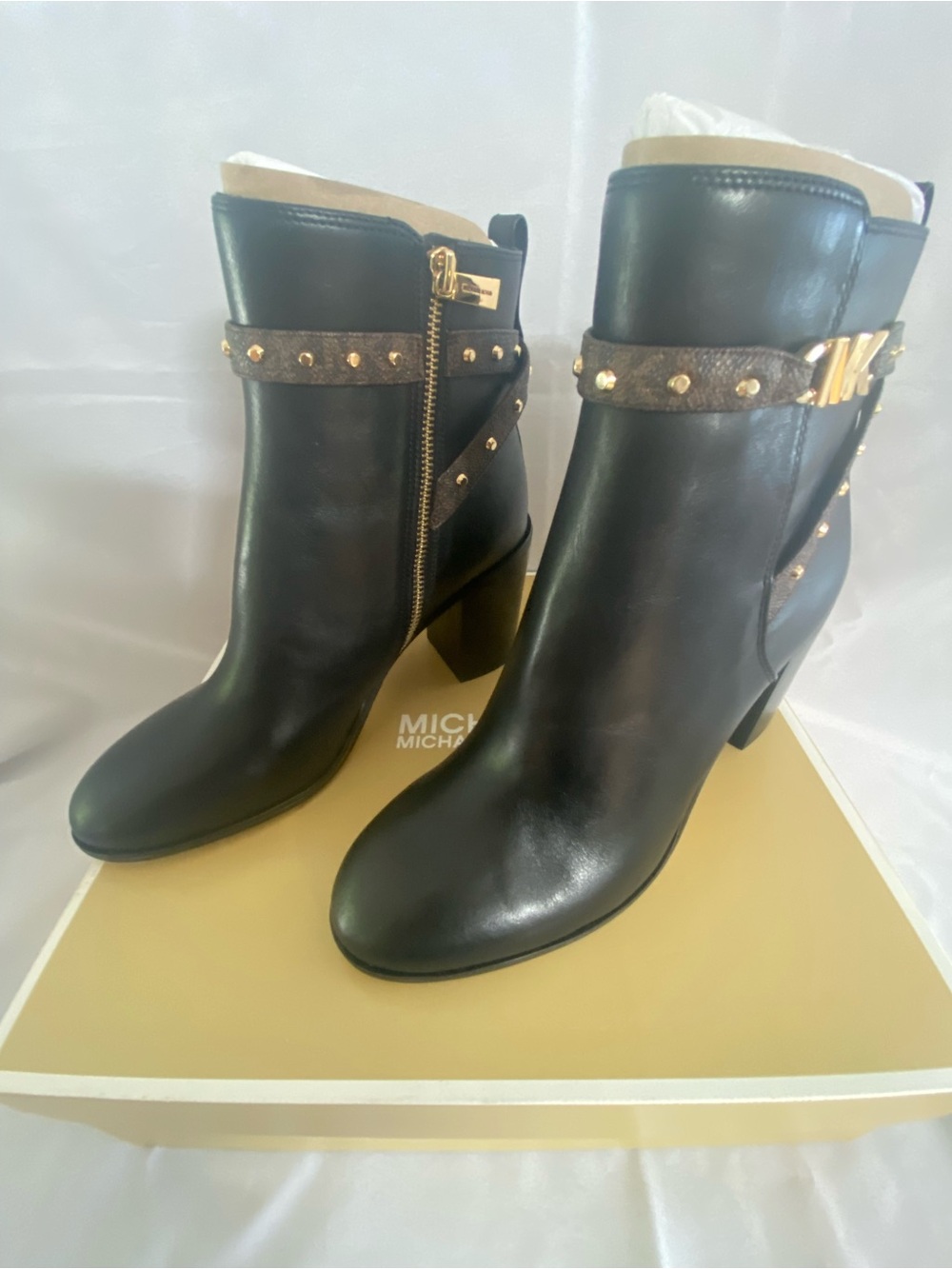 MICHAEL Michael Kors Black Leather Studded Ankle Booties with Gold Hardware
